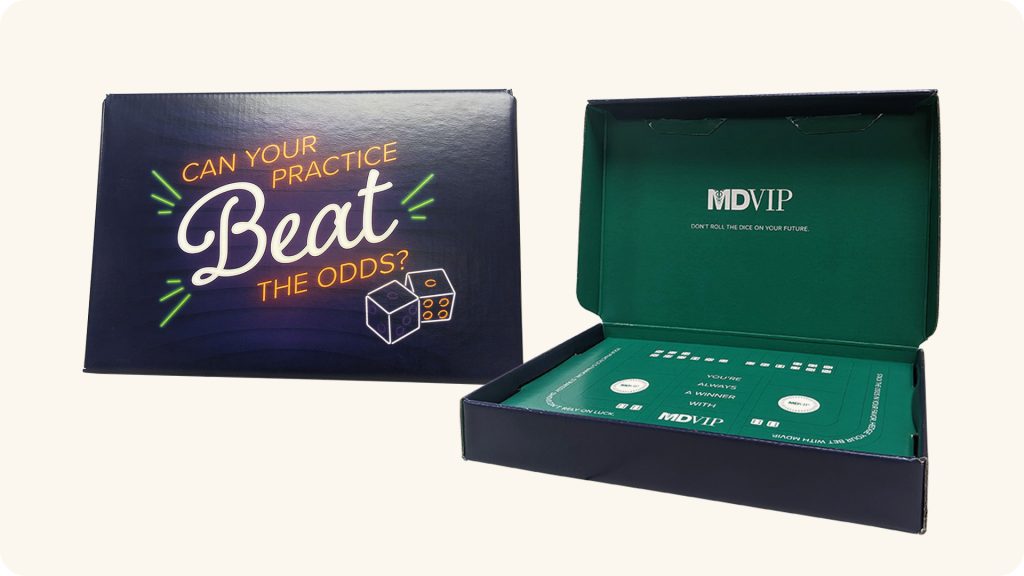 MD VIP box that says can your practice beat the odds and opens up to a gambling themed box